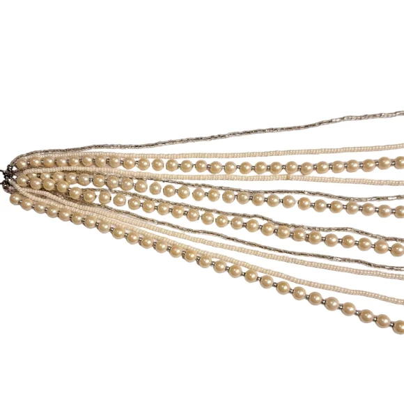 Women's 12 Layer Necklace Silver Tone Faux Pearls & Clear Beads 9.5 Inches - Picture 6 of 10